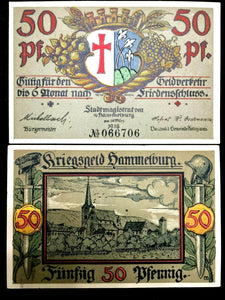 1918 German Notgeld Hammelburg 50 Pfennig Bank Note - 100 Years Old UNC