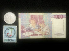 Load image into Gallery viewer, Antique Italy Collection - Used 1000 Lire Bill, 500 Lire Coin, &amp; New Stamp - Collectors Couch