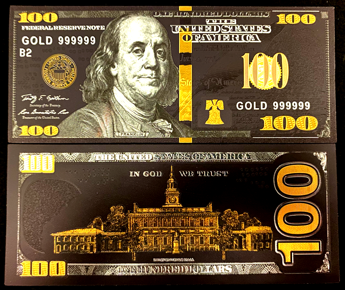 Black Foil Plated Double Sided $100 Dollar Bill with Yellow Seal