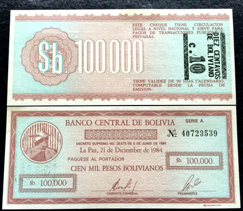 Bolivia 10 Centavos/100,000 Pesos Bolivianos 1984 Banknote World Paper Money UNC - Collectors Couch