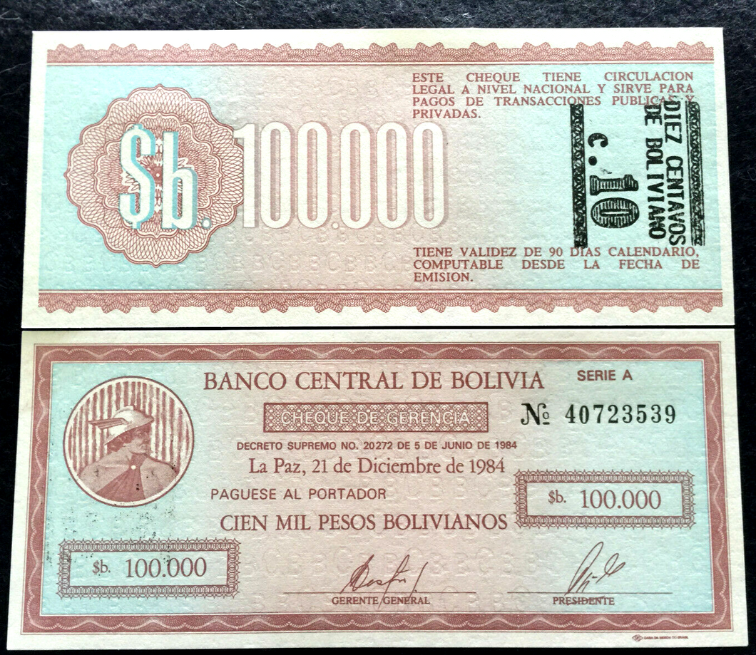 Bolivia 10 Centavos/100,000 Pesos Bolivianos 1984 Banknote World Paper Money UNC