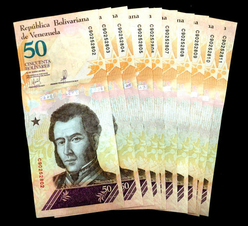 Venezuela 50 Bolivares TEN Sequential Bills LEOPARD UNC World Paper Money - Collectors Couch