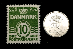 Danmark Collection - Unused Stamp & Unused 1 Ore Ore Coin - Educational Gift - Collectors Couch