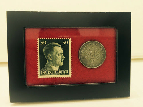 German WW2 Rare 10 Rp Coin with Stamp in a Secure Metal Disp Frame - Collectors Couch