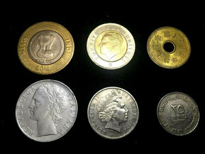 World Coin Lot - Australia, Japan, UAE,  Italy, India, Turkey Plus 2 Bonus Bills - Collectors Couch