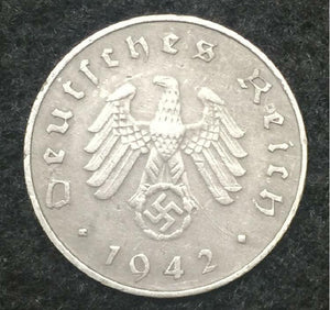 German WWII Rare 10 Rp Coin & Stamp with 1000 Mark Bill in Holder