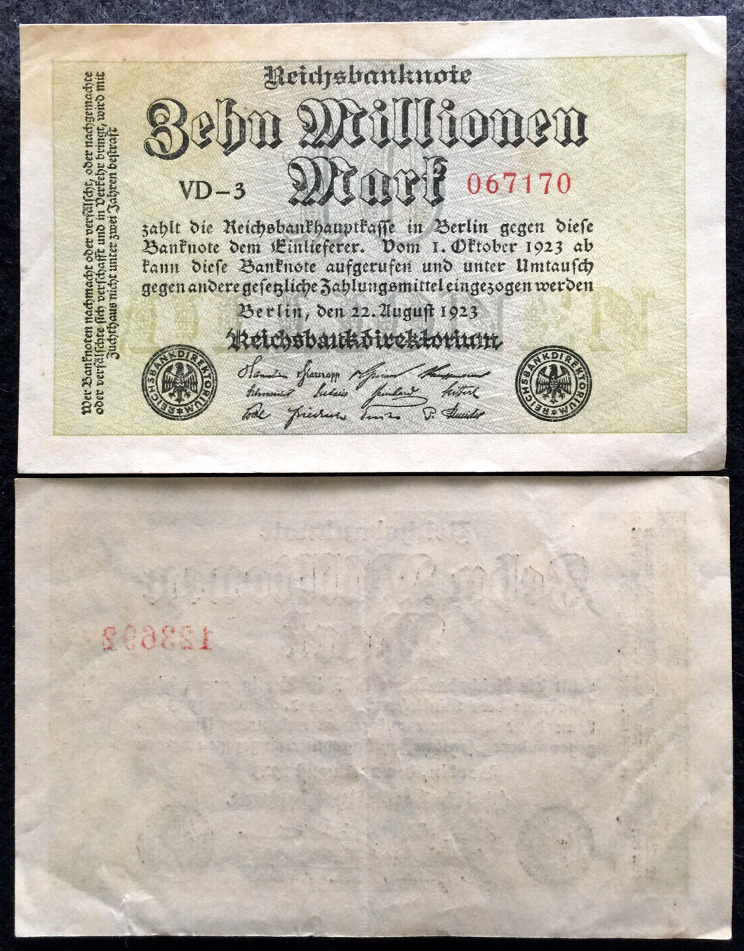 Germany 10 MILLION Mark 1923 Banknote - 99 Years Old