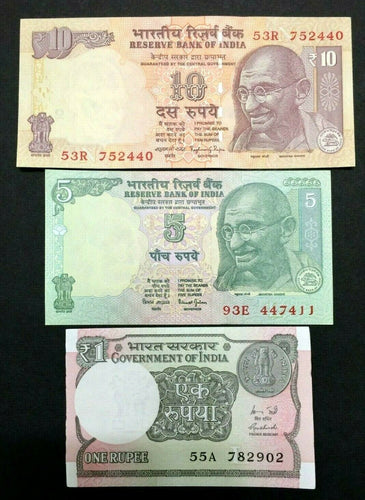India 1, 5, 10 Rupees GANDHI Banknote World Paper Money UNC Currency Bills Note - Collectors Couch