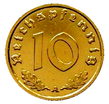 Load image into Gallery viewer, Rare Old WWII Authentic German 10 Reichspfennig Brass Coin 24K GOLD Plated