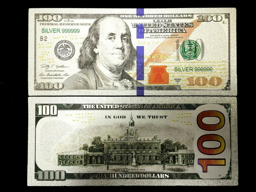US $100 Dollar Silver Foil Banknote Bill WIth Green Seal & Blue Stripe - Collectors Couch