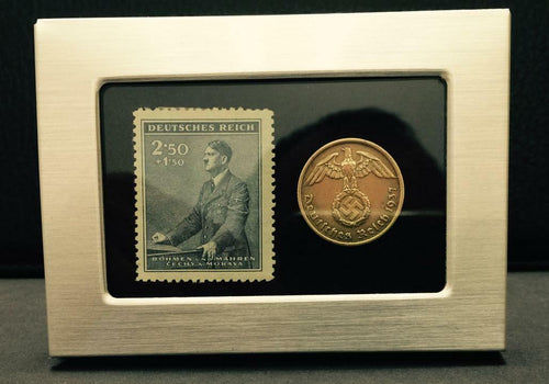 German Nazi WWII Rare 10 Rp Brass Coin  & Stamp in a Secure Metal Display Frame - WWII Artifacts - Collectors Couch