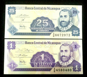 NICARAGUA 1 and 25 Centavos Banknote World Paper Money UNC - Collectors Bills