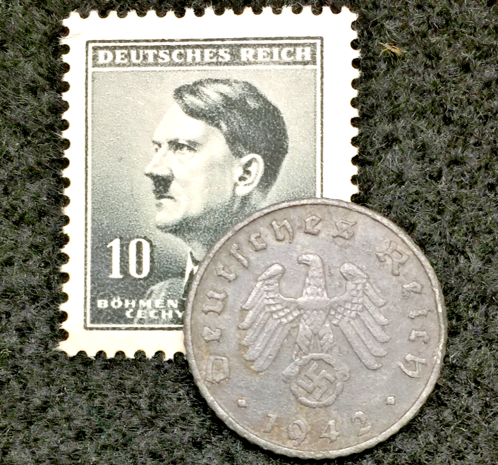 Rare Old WWII German War 5 Reichspfennig Coin & 10Pf Stamp World War 2 Artifact