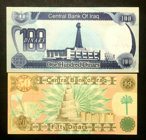 IRAQ 50 & 100 Dinars Operation Desert Storm Era World Paper Money UNC Bills