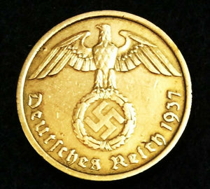 German WWII Rare 10 Rp Brass Coin & Stamp in a Secure Metal Display Frame - Collectors Couch