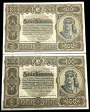 Load image into Gallery viewer, Hungary 100 Korona 1920 P63 aUNC TWO Consecutive Numbers RARE - 100 Years Old