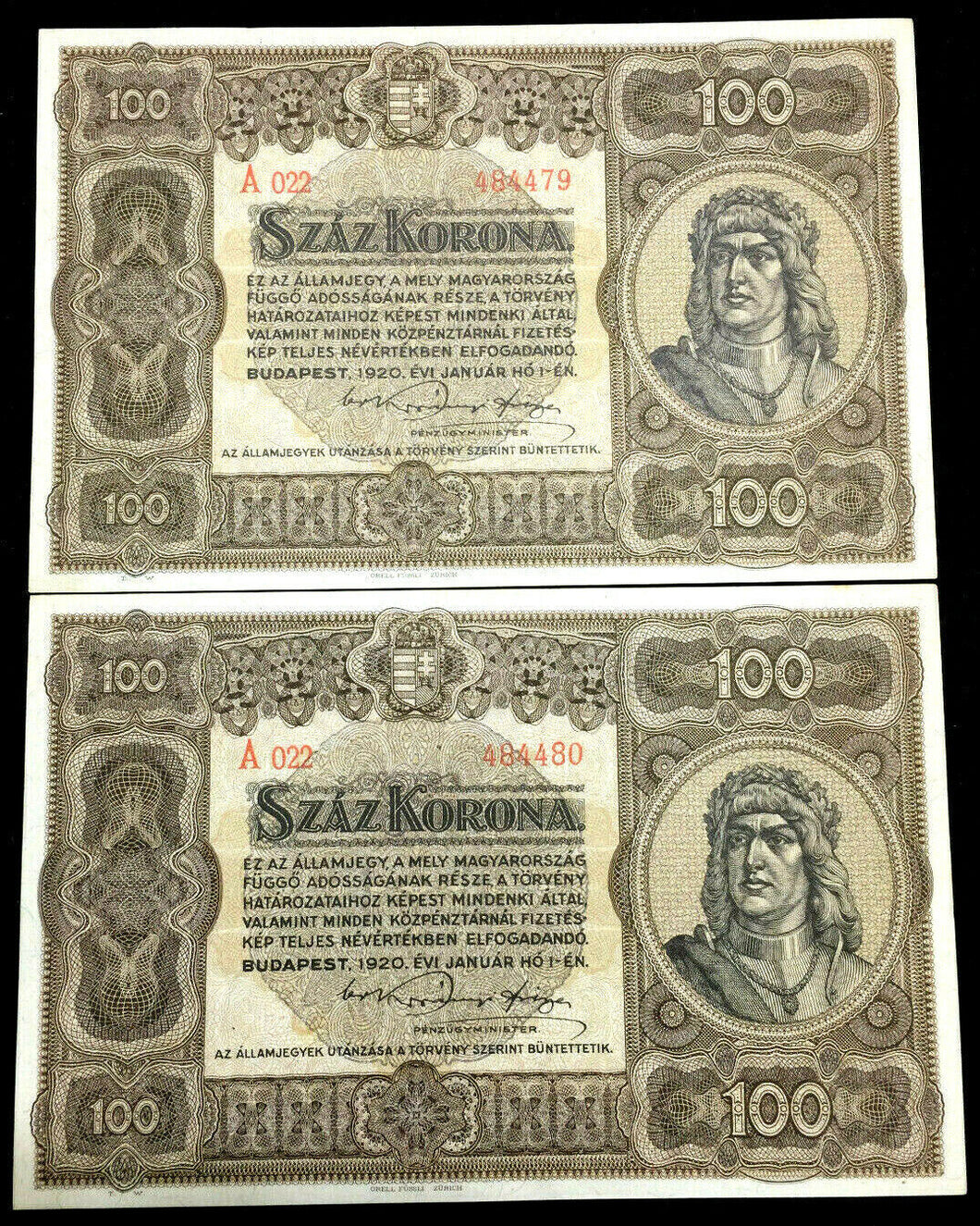 Hungary 100 Korona 1920 P63 aUNC TWO Consecutive Numbers RARE - 100 Years Old