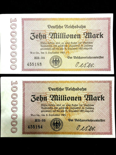 Germany 2 10000000 Mark 1923 Bills - Uncirculated -Consecutive Numbers - Collectors Couch