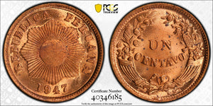 Peru Centavo 1947 PCGS MS65 Red