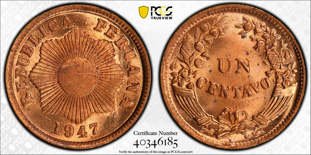 Peru Centavo 1947 PCGS MS65 Red