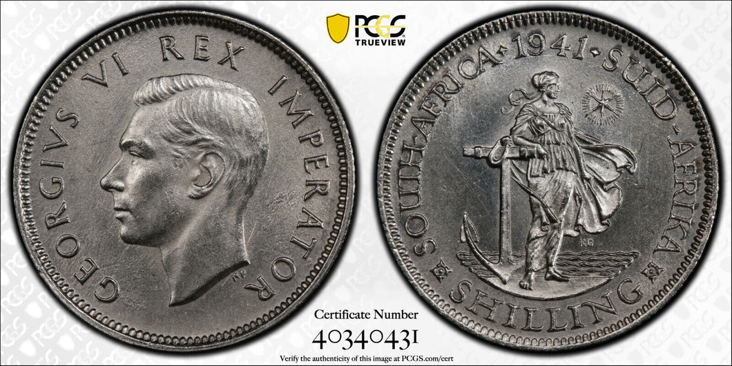 South Africa Silver Shilling 1941 PCGS UNC - Collectors Couch