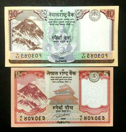 Nepal 5 and 10 Rupees Banknote World Paper Money UNC Currency Bill Note - Collectors Couch