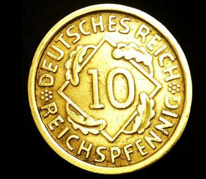 German WW2 Rare Weimar-Repu10 Rp Brass Coin & Stamp in a Secure Metal Disp Frame