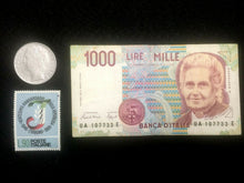 Load image into Gallery viewer, Antique Italy Collection - Used 1000 Lire Bill, 500 Lire Coin, &amp; New Stamp - Collectors Couch
