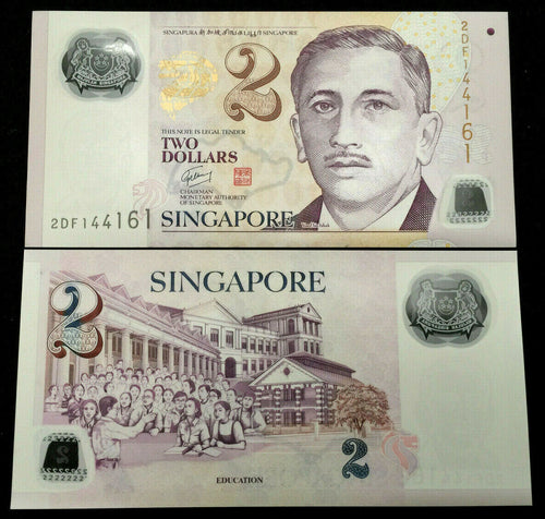 Singapore 2 Dollar Polymer Banknote World Paper Money UNC Currency Bill Note - Collectors Couch