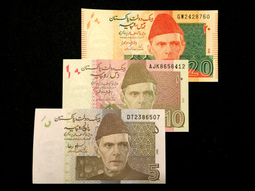 Pakistan 5 10 20 Rupees Banknote Set New Unused in Crisp Condition - Collectors Couch