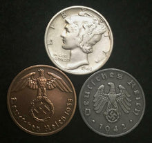 Load image into Gallery viewer, Rare WW2 German Reichspfennig Coins &amp; Mercury Dime VF 90% SILVER