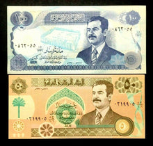 Load image into Gallery viewer, IRAQ 50 &amp; 100 Dinars Operation Desert Storm Era World Paper Money UNC Bills