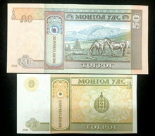 Load image into Gallery viewer, Mangolia Uncirculated Brand New TWO Authentic Bills - 1 and 50 Tugrik Bills - Collectors Couch