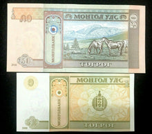 Load image into Gallery viewer, Mangolia Uncirculated Brand New TWO Authentic Bills - 1 and 50 Tugrik Bills