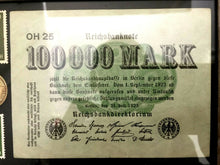Load image into Gallery viewer, WW2 Rare German 5 Reichspfennig Brass Coin Stamps &amp; 100000 Mark Bill