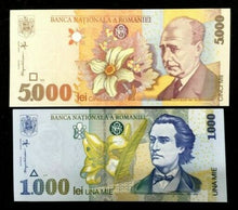 Load image into Gallery viewer, Romania 2 Pcs SET, 1000 - 5000 Banknote World Paper Money UNC Currency Bill Note