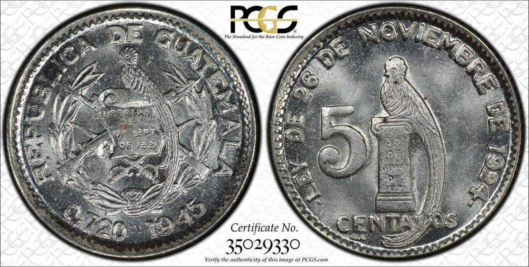 Guatemala 5 Centavos 1945 PCGS MS66