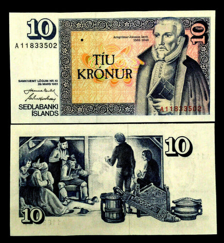 Sedlabanki Islands 10 Kronur 1961 Banknote World Paper Money UNC Currency Bill - Collectors Couch