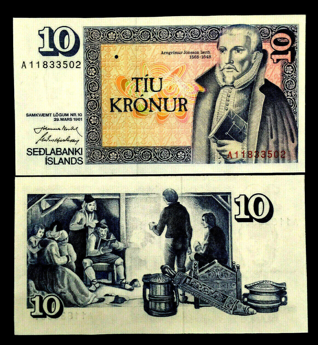 Sedlabanki Islands 10 Kronur 1961 Banknote World Paper Money UNC Currency Bill