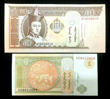 Load image into Gallery viewer, Mangolia Uncirculated Brand New TWO Authentic Bills - 1 and 50 Tugrik Bills