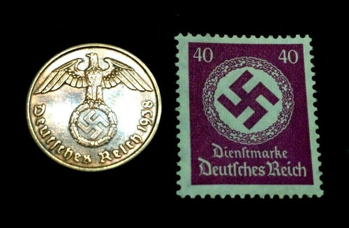 Rare Old WWII German War Coin 2 Reichspfennig & 40pf Stamp World War 2 Artifacts