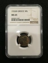 Load image into Gallery viewer, Greece 50 lepta 1926 B, NGC MS65, Second Hellenic Republic (1924 - 1935)