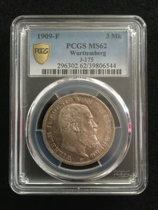 Rare Historical Germany 1909-F Wurttemberg 3 Mark PCGS MS62 - 100 Plus Year Old