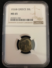 Load image into Gallery viewer, Greece 50 lepta 1926 B, NGC MS65, Second Hellenic Republic