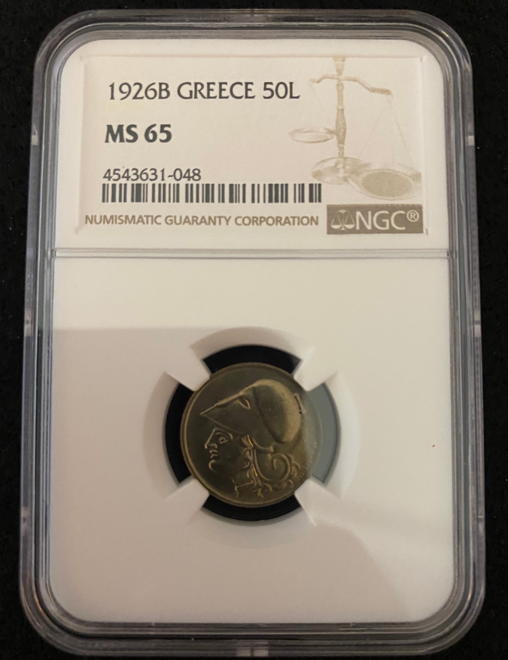 Greece 50 lepta 1926 B, NGC MS65, Second Hellenic Republic