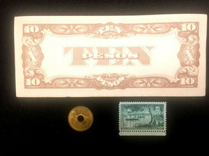 Japan Government 10 Pesos WW2 Bill, US-Japan Stamp & Used Japan 5 Yen Coin - Collectors Couch