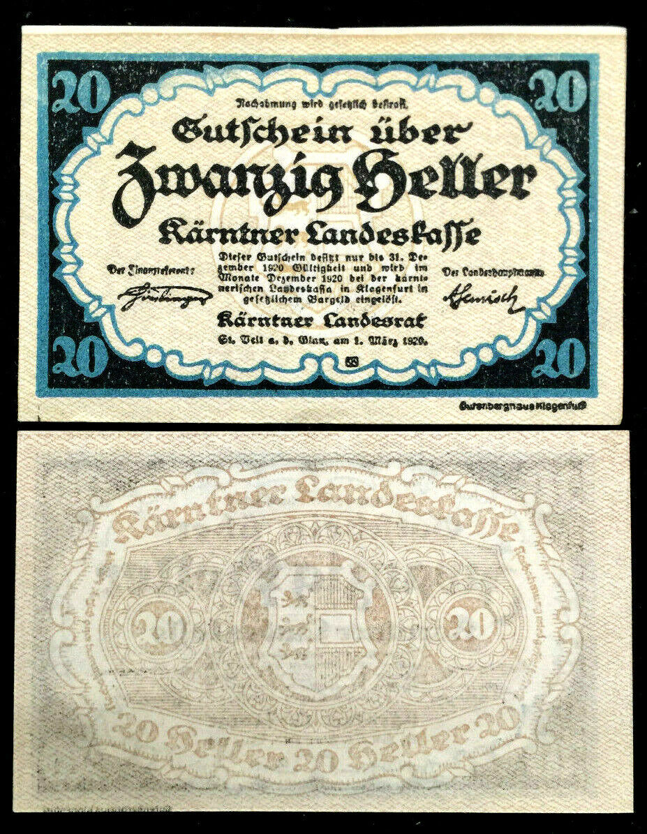 Austria Carinthia 20 Heller 1920 World Paper Money UNC - 100 Yrs Old