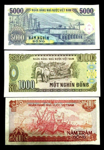 Vietnam 500,1000, and 5000 Dongs UNC - Authentic Crisp Unused Bills