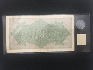 German WWII Rare 10 Rp Coin & Stamp with 1000 Mark Bill in Holder