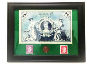 German Rare 2 Rp Coin with Stamp & 100 Mark Bill in Disp frame